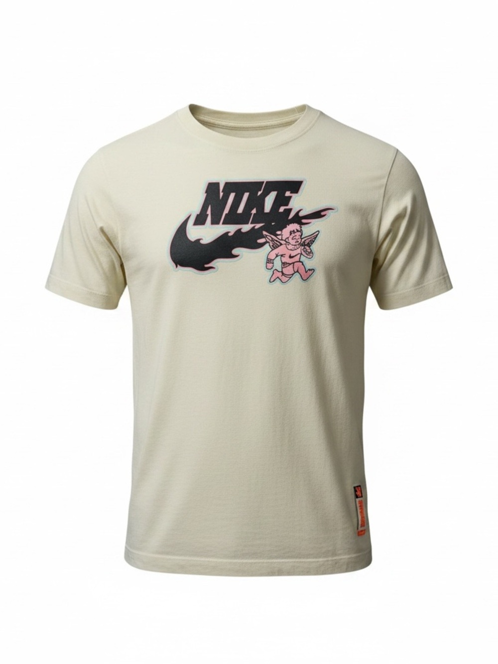 Nike Swosh Cream Short-Sleeve Graphic Tee with Black and Pink Logo Size S